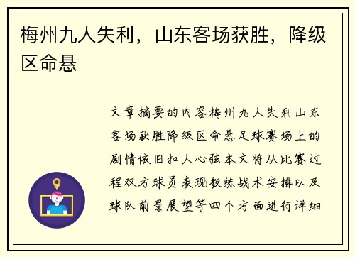 梅州九人失利，山东客场获胜，降级区命悬 ⚽